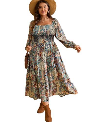 RWJ Women's Plus Size Fall Dress Long Sleeve Square Neck Wedding Guest Smocked A Line Boho Flowy Maxi Dresses with Pockets Blue Paisley 2XL