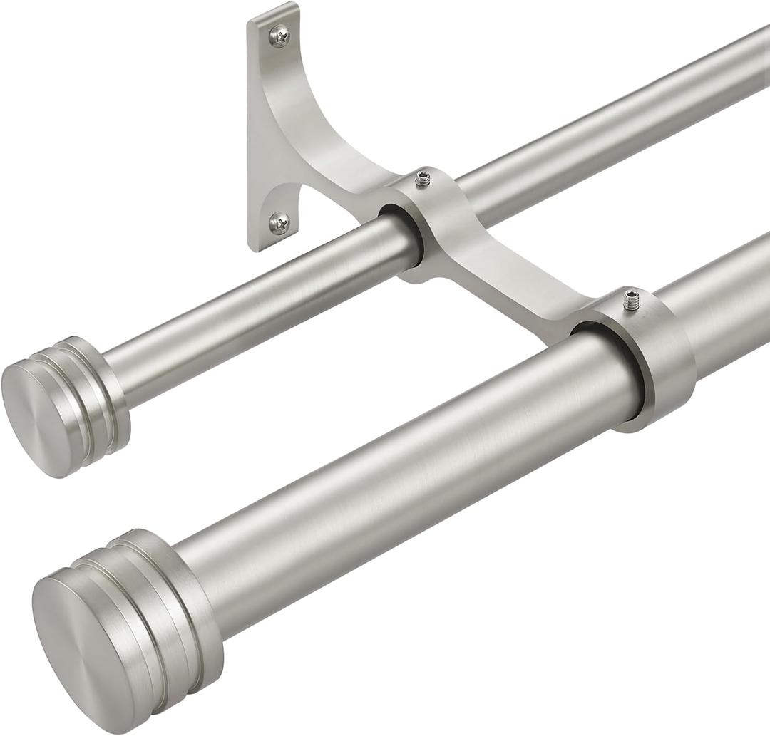 Double Curtain Rods with Aluminum End Cap and Full Enclosure Brackets, 1- Inch Front and 5/8 Inch Back Window Rod, Dual Drapery Rods Adjustable from 72 to 144 Inches (6-12 Feet), Brushed Nickel