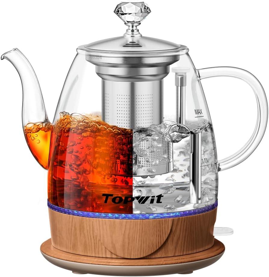 Topwit Electric Kettle Glass, For Hot Water, Tea and Coffee Dual Purpose Design, BPA-Free, 1L Pour Over Removable Stainless Steel Infuser, Auto-shut Off & Boil-dry Protect (Wood)