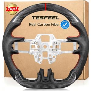 TESFEEL Real Carbon Fiber Steering Wheel for Ford Mustang 2018-2023, D-Shape Flat Bottom, Premium Nappa Leather with Red Stripe & Hand-Stitching, for EcoBoost/GT/Shelby GT350&GT350R