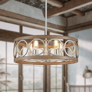 XINGQI 21.7" Drum Chandelier, Farmhouse Dining Room Light Fixture, Wood Grain Brushed Nickel Kitchen Lighting 5 Light with Round Metal Shade Vintage Hanging Light for Living Room Bedroom