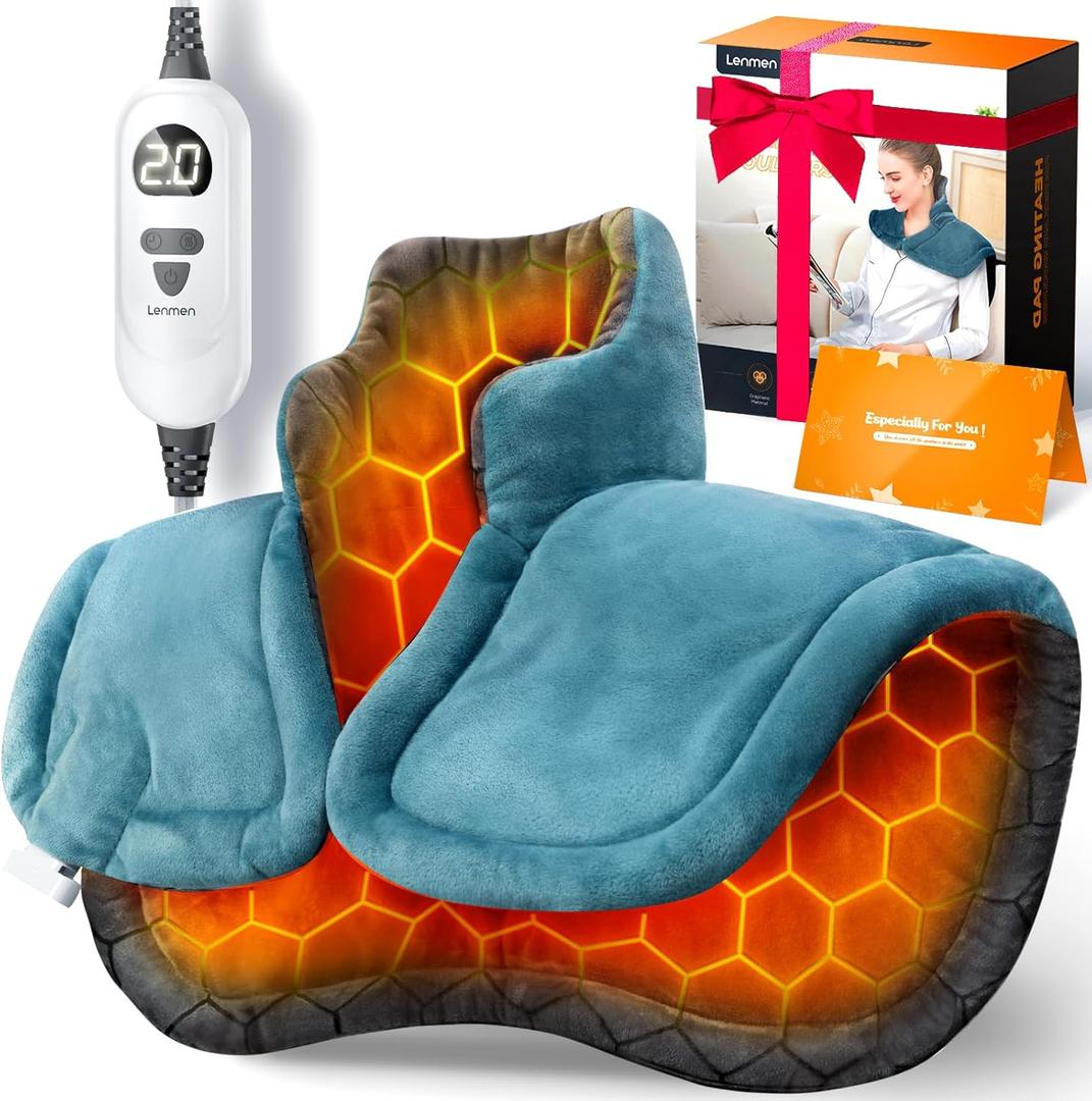 Graphene-Infused Heating Pad 3X Deeper Pain Relief, Weighted Instant Heating Pads for Neck and Shoulders, Heated Wrap w/ 6 Heat Options 4 Auto-Off Timer, Gifts for Mom Women Christmas Birthday (Blue)