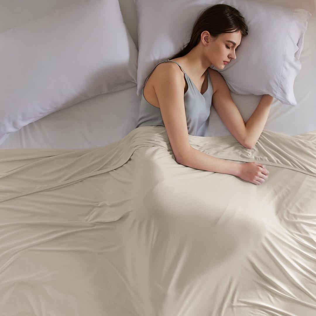 Bedsure Beige Cooling Blanket Queen Size for Hot Sleepers - Summer Cold Blanket for Queen Size Bed with Rayon Derived from Bamboo, Ice Cool Cold Arc-Chill Thin Summer Bedding Essentials, 90x90