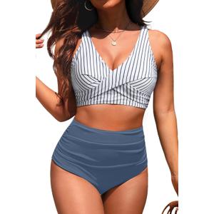 Yonique High Waisted Two Piece Swimsuit-Womens Bikini Set Tummy Control Bathing Suit Modest Full Coverage Bikini 2025 (Small, Striped and Blue)