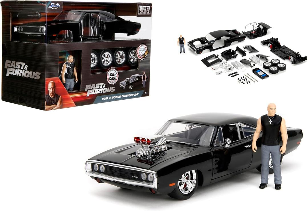 Jada Toys Fast & Furious Dom & Dodge Charger R/T, 1:24 Scale Build n' Collect Die-Cast Model Kit with 2.75" Die-Cast Figure, Black