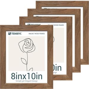 8x10 Picture Frame Set of 4, Brown Wood Grain, HD Tempered Glass, Natural Walnut Photo Frame, Table or Wall Display