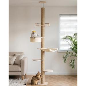 Aechonow 9ft Floor to Ceiling Cat Tree for Large Cats, 5'' Deep Nest-Like Hammock for Indoor Kittens, 5-Tier Adjustable Cat Tower(76-108Inch), Beige