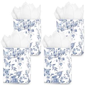 22 Pcs Floral Gift Bags Chinese Blue and White Porcelain Elements Party Bags with Handles for Party Favors, Weddings, Birthday, Mothers Day, Celebration, Baby Shower, 8.3x6x3.2 in