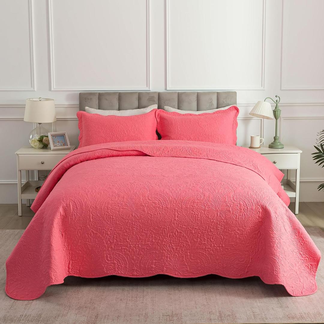 HoneiLife Queen Quilt Bedding Set - Microfiber Quilt Sets for Queen Bed, 3-Piece Lightweight Bedspreads,Reversible Coverlets Rustic Bedlinen Sets, Floral Bedding Set All Season Quilts-Sugar Coral (Queen/Full-90"x96")