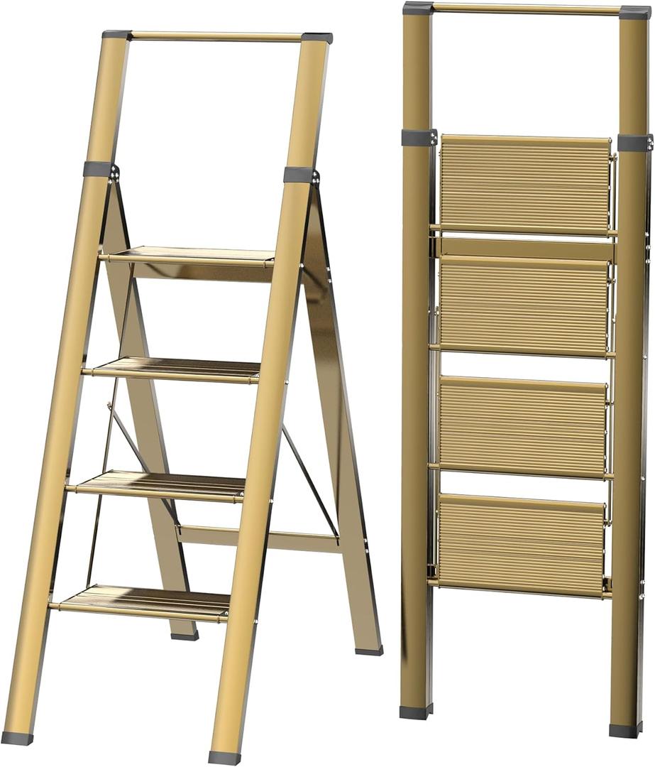 flygeneral 4 Step Ladder, Gold Aluminum Folding Ladder Stool, Wider Upgraded Non-Slip Treads, Portable Lightweight Ladder for Home and Kitchen, Holds up to 330 Lbs.