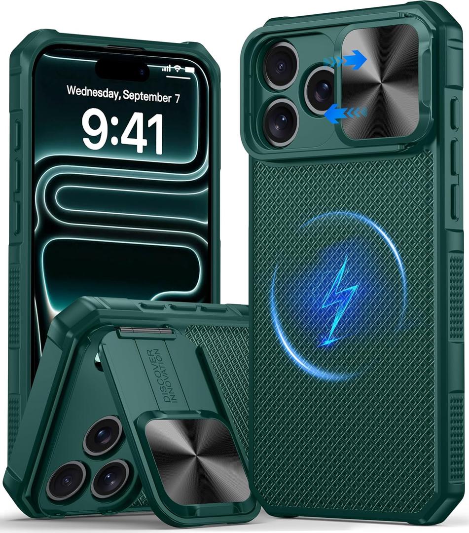 Magnetic for iPhone 17 Pro Case, [Compatible with Magsafe][Slide Camera Cover][Kickstand][Military Grade Protection] Shockproof Rugged Case for iPhone 17 Pro, Green