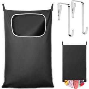 Hanging Laundry Hamper Bag - Over The Door Dirty Clothes Organizer with Wide Opening Design, Space Saving for Bathroom, Bedroom, Dorm, RV, Travel (Black)