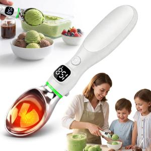 Heated Ice Cream Scoop, Rechargeable Electric Ice Cream Scoop with LED Display, 3 Heat Levels 122F/140F/158F, Nonstick Ice Cream Scooper for Hard Ice Cream, Gelato, Frozen Yogurt & Sorbet (White)