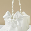 Wedding Flower Girl Baskets with Cute Pearl Handle Bowknot Satin Flower Baskets for Wedding Ceremony, Ivory