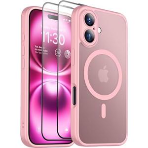 SPIDERCASE Designed for iPhone 16 Case, Magnetic Translucent [2+Full Coverage Tempered Glass Screen Protector] [Full Camera Protection] Anti-Fingerprint Anti-Scratch for iPhone 16 6.1”, Pink