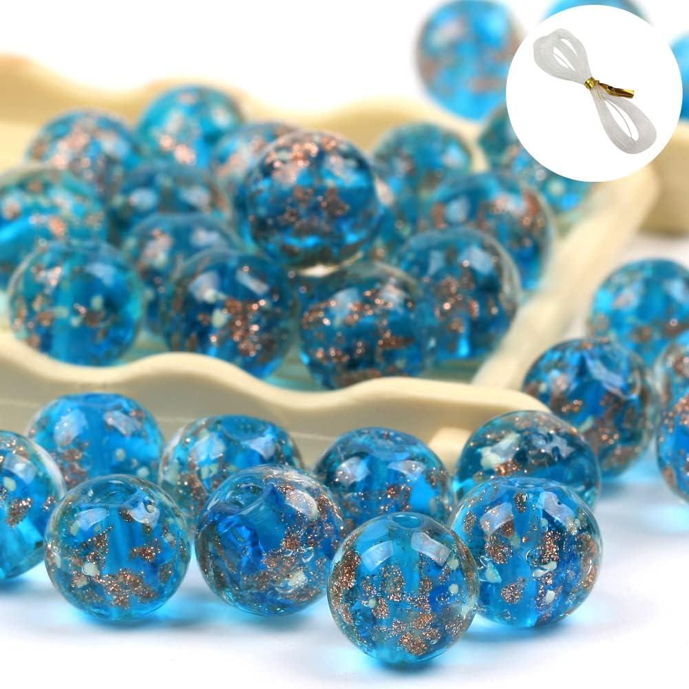 100Pcs Luminous Glass Beads Sky Blue 8mm Round Beads Glow Crystal Loose Beads with Rope for DIY Craft Bracelet Jewelry