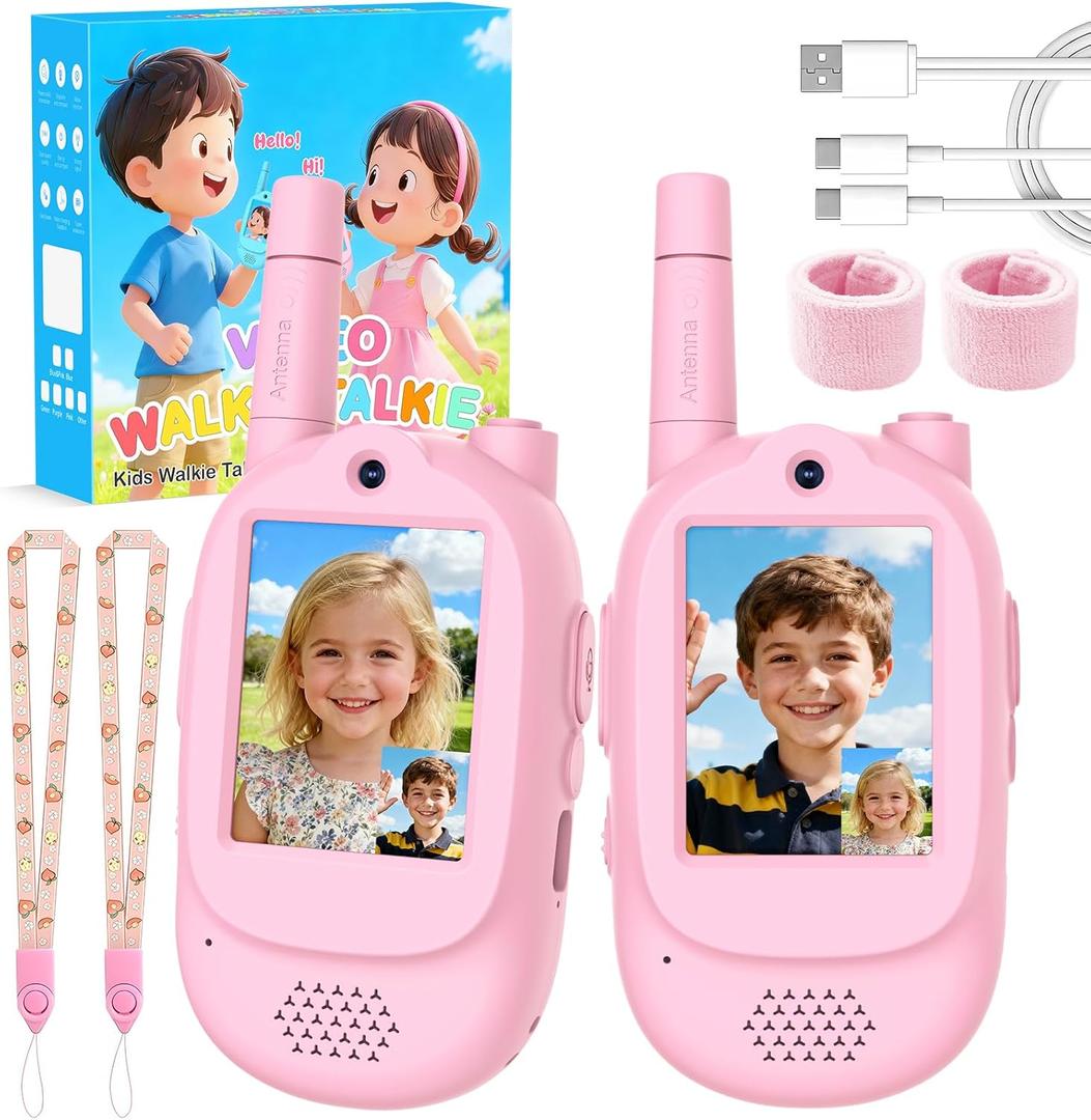 Video Walkie Talkies for Kids, 2 Pack Rechargeable Real-Time Video Chat & Voice Changer Walkies Talkies with Watch Straps, Long Range Family Games, Outside, Gifts for Boys Girls Ages 3-12 Pink