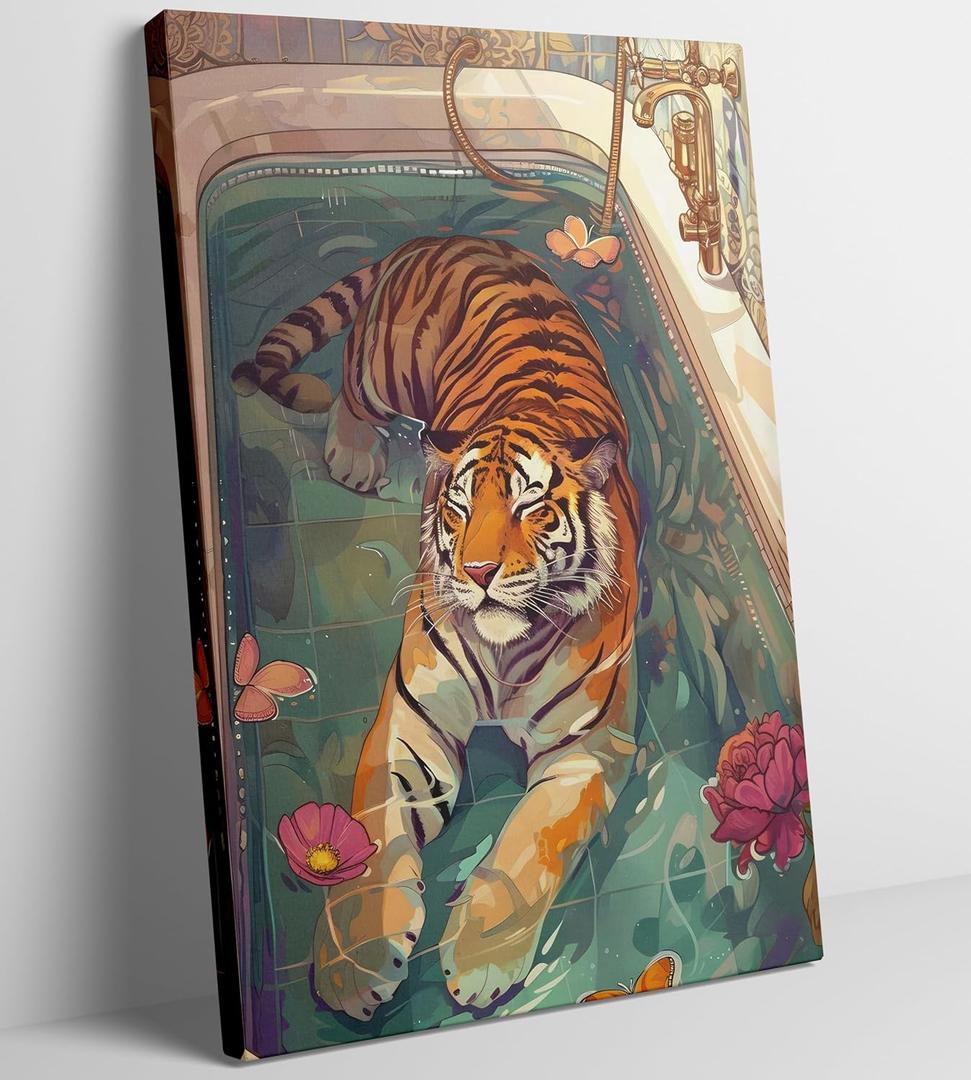 Tiger in Bathtub Canvas Wall Art Funny Bathroom Animal Painting Picture Wall Decor Eclectic Trendy Aesthetic Poster Print Artwork for Bathroom Toilet Home Decoration (16x24in)