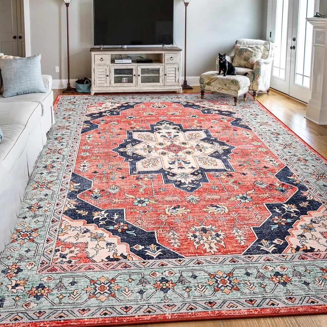 FlyDOIT Vintage Area Rugs for Living Room, 9x12 Red Blue Floral Medallion Washable Rug for Bedroom, Faux Wool Ultra Soft Retro Accent Rug, Non Slip Indoor Carpet for Kitchen Office Dining Room Decor
