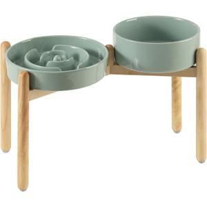 Havniva 3.2 Cup Ceramic Raised Slow Feeder Dog Bowl Set, Elevated 8.2inch Bowl and 9.5inch Puzzle Slow Food Dish with Wooden Stand for Large Dog, Anti-Gulping (2 x Light Green+ Stand)