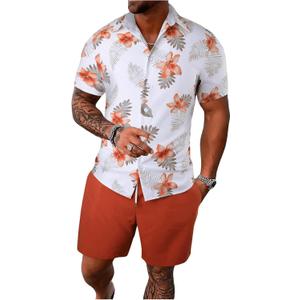 GORGLITTER Men's Hawaiian Matching Set Summer Beach 2 Piece Outfits Flower Button Down Shirts and Shorts Set (Large, Orange and White)