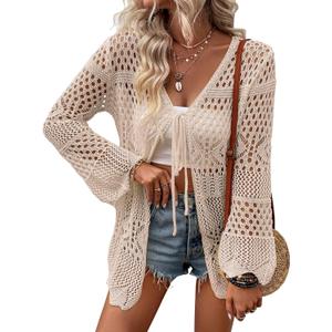 Women Crochet Cardigan Lightweight Tie Front Hollow Out Long Sleeves Summer Knit Cover Cardigans (Beige, S)