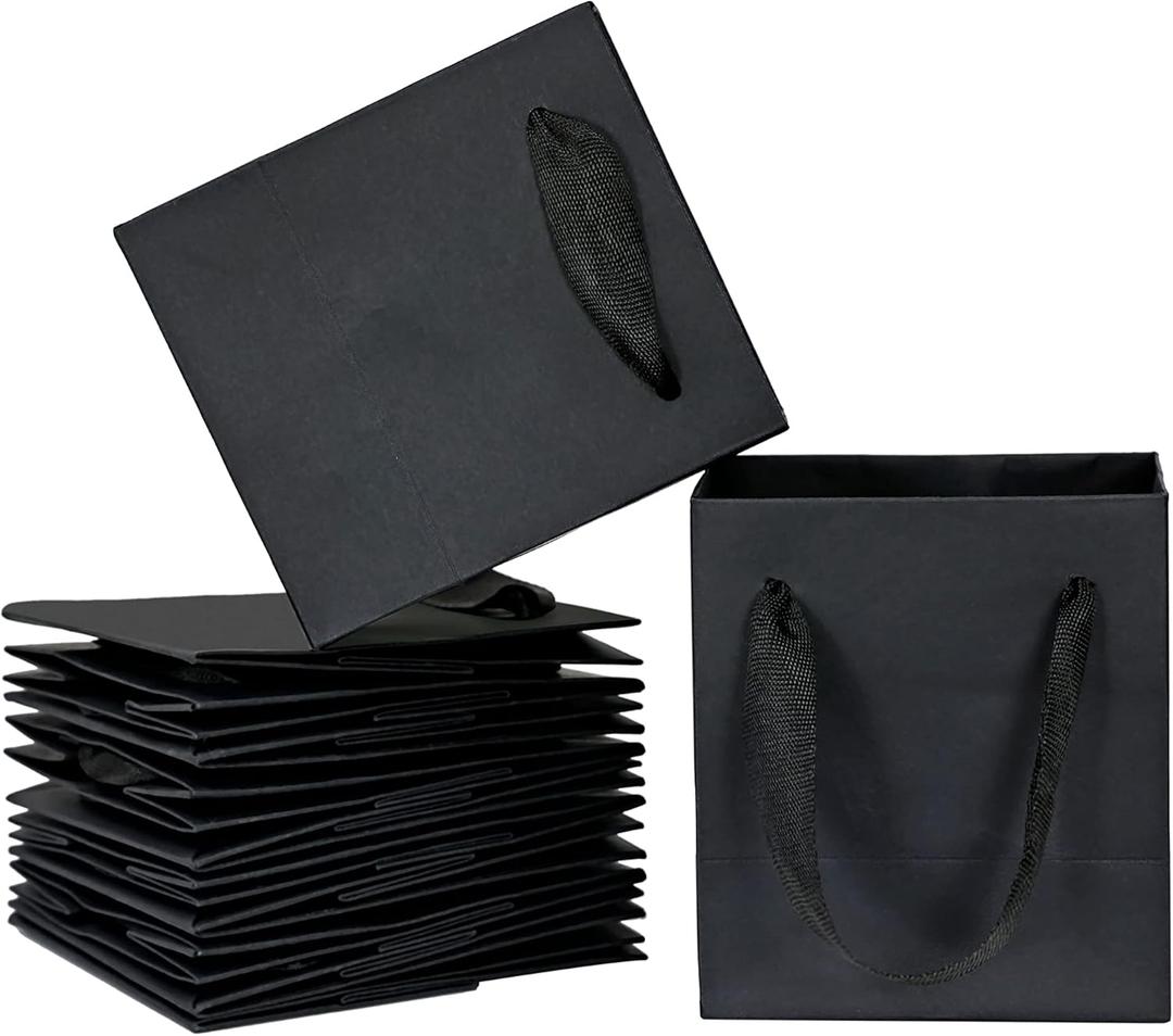 HUAPRINT 12 Pack Extra Small Black Gift Bags,4x2.75x4.5 inch Tiny Mini Paper Bags with Handles Bulk For Party Favors,Presents,Birthday, Weddings,Baby Showers,Business,Shopping