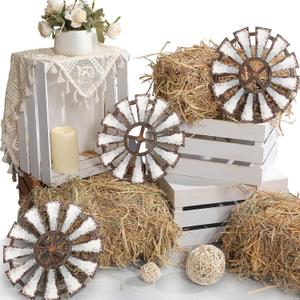 9 Pack 13 x 9 x 6 Inch Straw Hay Bale Stack Decoration Set Rustic Wooden Windmill Decor White Wood Crates Western Cowboy Birthday Decor Photo Booth Props
