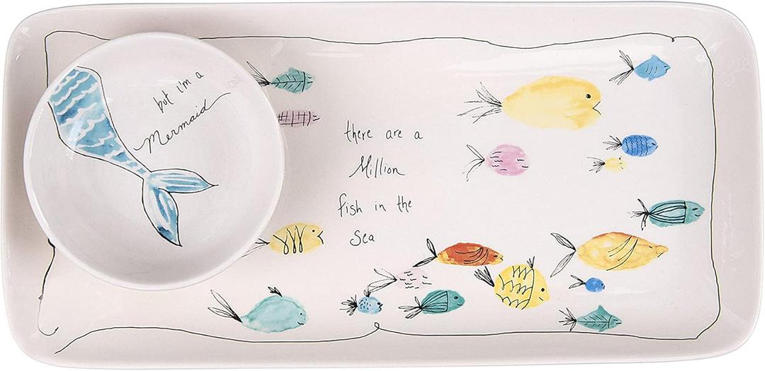 Creative Co-Op Rectangle Stoneware Plate with Fish Images and Matching Bowl (11-3/4"L x 5-3/4"W)