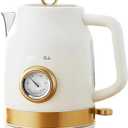 Retro Electric Kettle, 1.7L 304 Stainless Steel Tea Kettle with Temperature Gauge, 1500W Fast Boiling Water Boiler,Auto Shut-Off & Boil-Dry Protection, BPA-Free, Matte White and Gold