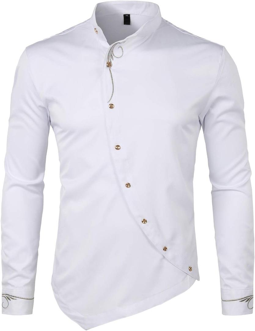 ZEROYAA Men's Luxury Gold Embroidery Design Slim Fit Long Sleeve Button Up Dress Shirts (Medium, Zhcl51-white)