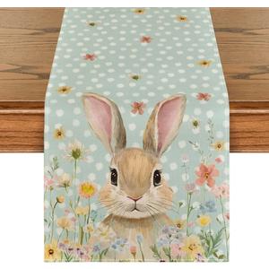 Artoid Mode Bunny Rabbit Floral Polka Dot Happy Easter Table Runner,Seasonal Spring Kitchen Dining Table Decoration for Home Party Decor 13x120 Inch (Blue)