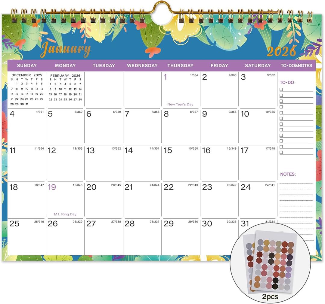 2 x Lbylyhxc 2026 Calendar - Includes January 2026 to June 2027-18 Monthly Wall Calendar 2026, 11 x 8.5 Inches.Thick Paper with Julian Dates and Block for New Year and Christmas Presents (wall calendar 2026-2027 flower)