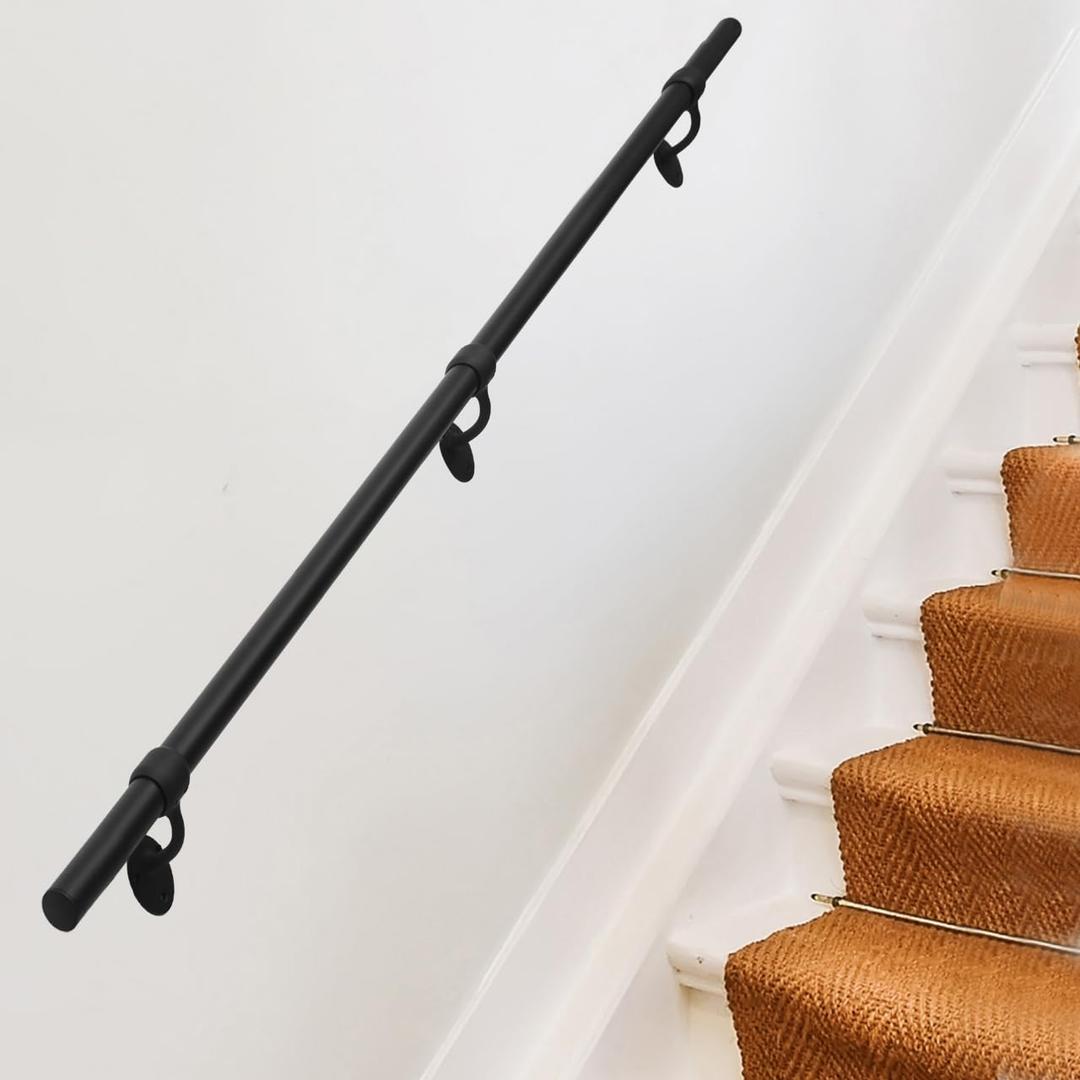 Stair Railing Indoor 6 Feet Hand Rails for Indoor/Outdoor Steps 1.5" Round Porch Railing Wall Mount Aluminum Hand Rails for Indoor Stairs Industrial Staircase Handrails (Black)