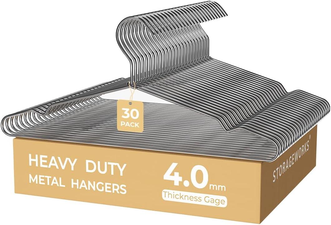 StorageWorks Wire Hangers for Closet, 4mm Super Thick Metal Hanger, Heavy Duty Clothes Hanger for Coats, Shirts, Jackets, Pants, Suits, Silver, 30 Pack