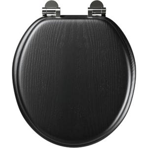 Round Toilet Seat Slow Close, Black Heavy Duty Wood Toilet Seat with Wood Veneer, Soft Close Toilet Seat Support 400 lbs,Toilet Lid with Chrome Hinges, Grip-Tight Bumpers, Easy Clean, Easy to Install