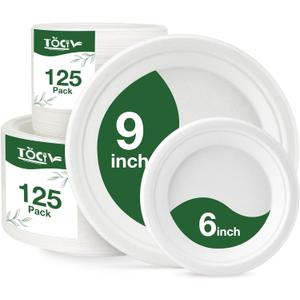 Compostable Paper Plates 250 Count 9in & 6in Disposable Dinner Dessert Salad Plates Heavy Duty Party Supplies for Birthday Holiday White