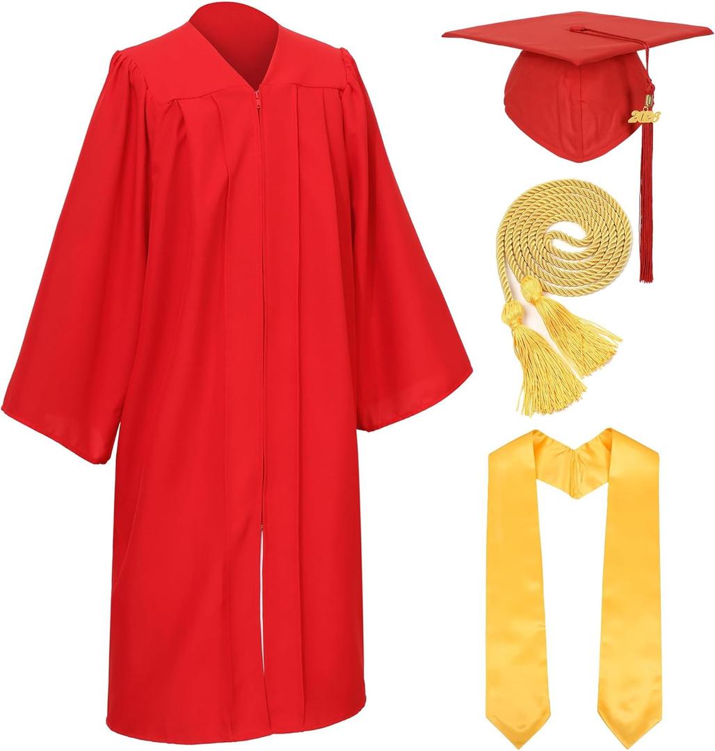 Unisex Adult Matte Graduation Cap and Gown Set with Honor Cord Gold Stoles for College School Bachelor Graduates (Red), size: 51