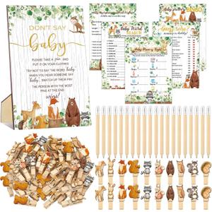 Patelai 321 Pcs Woodland Animal Baby Shower Game Supply for Girl or Boy 5 Set Include 50 Activity Card 20 Pencil 1 Don't Say Baby Sign 50 Clothespin for Price Is Right Prediction Bingo Party Decor