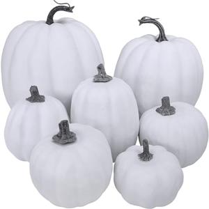Winlyn 5Pcs Assorted Sizes Fall Artificial Pumpkins Harvest Pumpkins Faux Foam Pumpkins for Fall Autumn Season Halloween Thanksgiving Harvest Holiday Season Festive Tabletop Decoration (White)