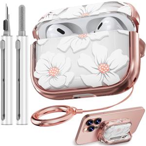 with Safety Lock for Airpods Pro 2nd/1st Generation Case Cover, Flowers Cute AirPod Pro 2 Case iPod Pro Cases for Women Girls with Cleaner Kit for AirPod Pro Cases (2023 USB-C /2022/2019) -White Lily