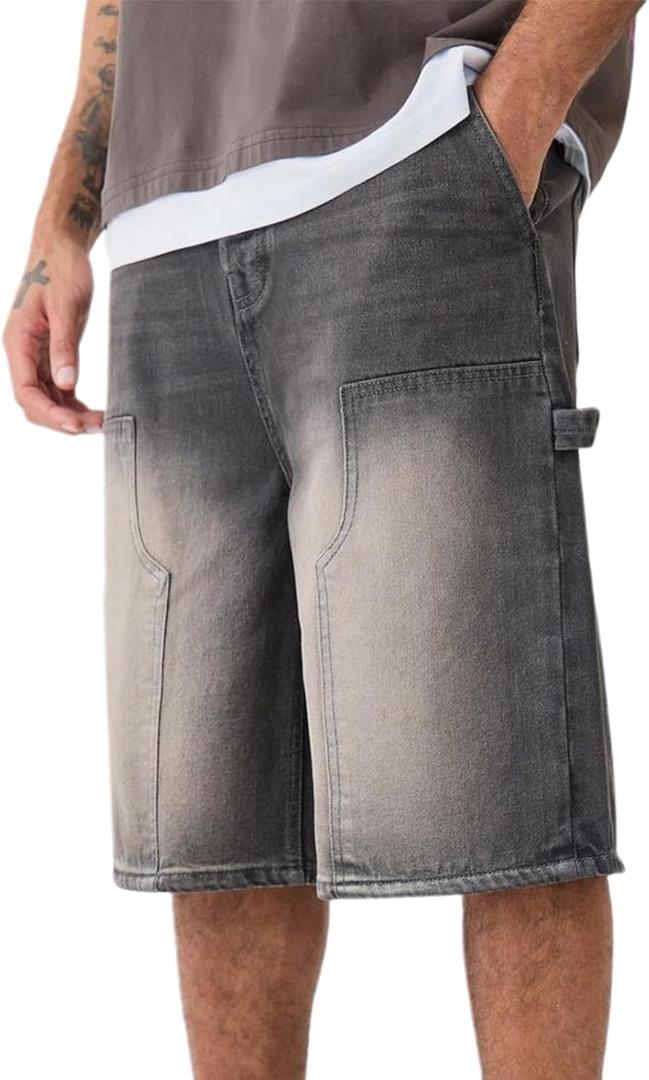 Mens Loose Denim Shorts Baggy Casual Wide Leg Mid Jean Jorts Zipper Hip Hop Shorts with Pockets Streetwear (XL)