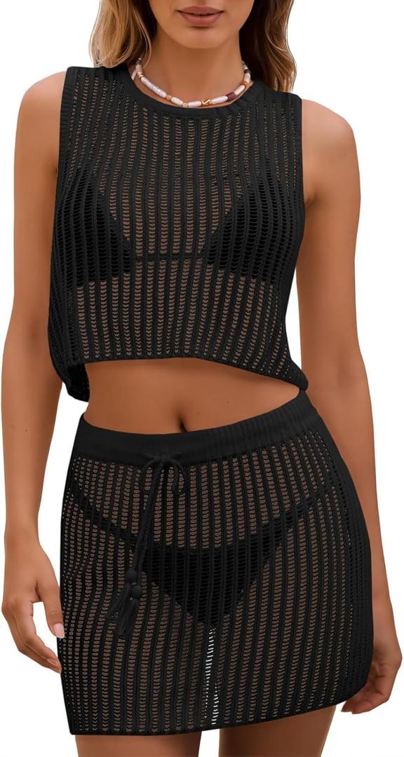 Fisoew Womens 2 Piece Crochet Sets Sleeveless Crop Tops Cover Up Beach Mini Skirt Outfits Vacation Sets