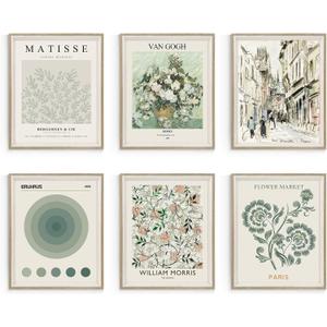 Habseligkeit Sage Green Master Wall Art Prints, Abstract Matisse Wall Art Exhibition Posters, Vintage Art Prints, Retro Room Decor for Bedroom Aesthetic Framed, 8x10in, Set of 6