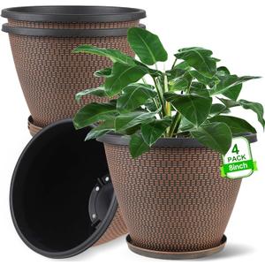 4 Pack 8 inch Plant Pot, Plastic Pots for Plants Indoor, Round Planters for Outdoor Plants with Drainage Holes & Trays, Decorative Flower Pots Garden Containers Sets for Houseplants (Black Copper)
