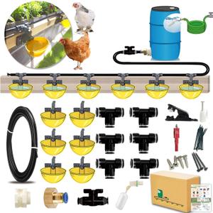 Complete Set Pipeline Automatic Chicken Waterer System, Innovative Quick-Connect Water System with Large Size Water Cups Removable and Washable, 18ft Pipeline and Float Valve (Yellow, 6Cup)