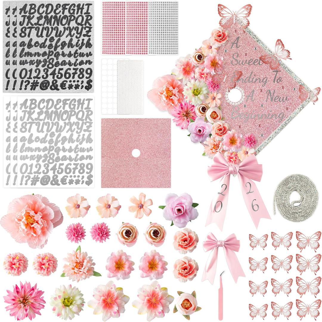 WATINC Graduation Cap Decorations Kit - DIY for Class of 2026 Grad Cap Hairband with 3D Butterfly Flowers Bow Rhinestones Pearl Letter Stickers, Hat Topper Crafts for School (Rhinestone Rose Gold)