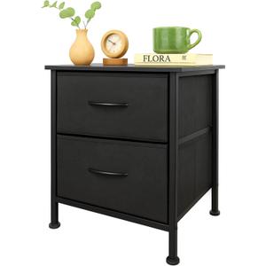 Nightstand with Fabric Bins, Bedside Furniture, Night Stand, End Table Nightstand Storage Tower Unit Organizer with 2 Fabric Bins for Living Room (Black)