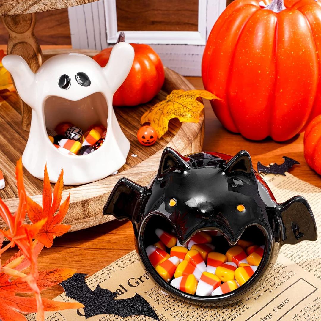 Whaline 2Pcs Halloween Candy Bowls MIni Halloween Candy Dish Candle Holder Trick or Treat Bat Ghost Ceramic Dish for Tiered Tray Ornament Tableware Holiday Party Decor Supplies Gift