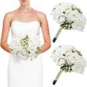 Wedding Bridesmaid Bouquets Set of 2, Artificial Silk Flowers Arrangement for Ceremony Marriage Proposal Party Anniversary Decorations - White